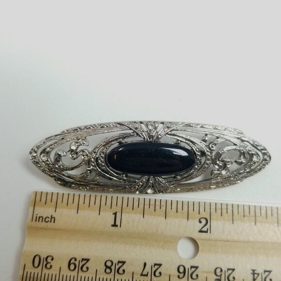 Vintage Black and Silver Tone Oval Shape Brooch, Cabochon Center, Unisex Estate - Picture 4 of 6